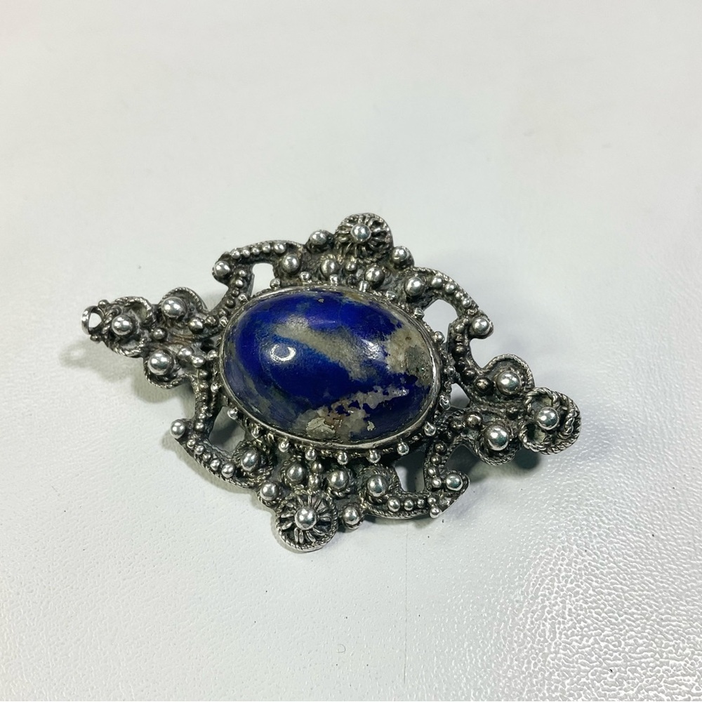 Victorian Sterling Silver Lapis Large Stone Brooch Pin